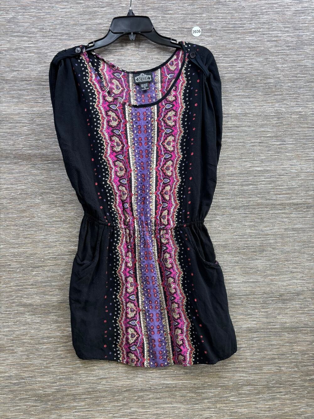 Angie Womens Black & Purple Boho Print Sleeveless Mini Sheath Dress Size Small
